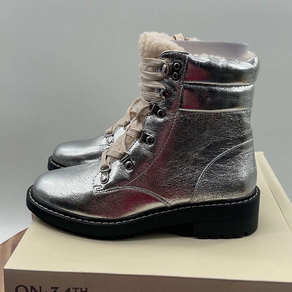 On 34th Silver Metallic Faux Shearling Lined Combat Boots Size 5M Lug Sole Zip